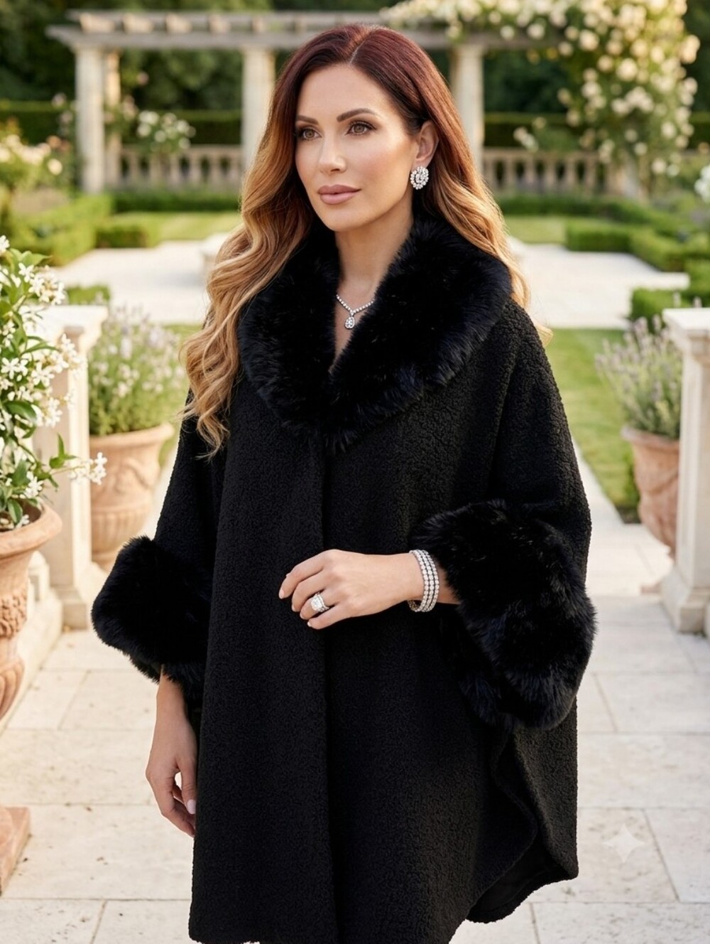 SO LUX🖤CAPE Black Faux-Fur Trim FITS S to XL